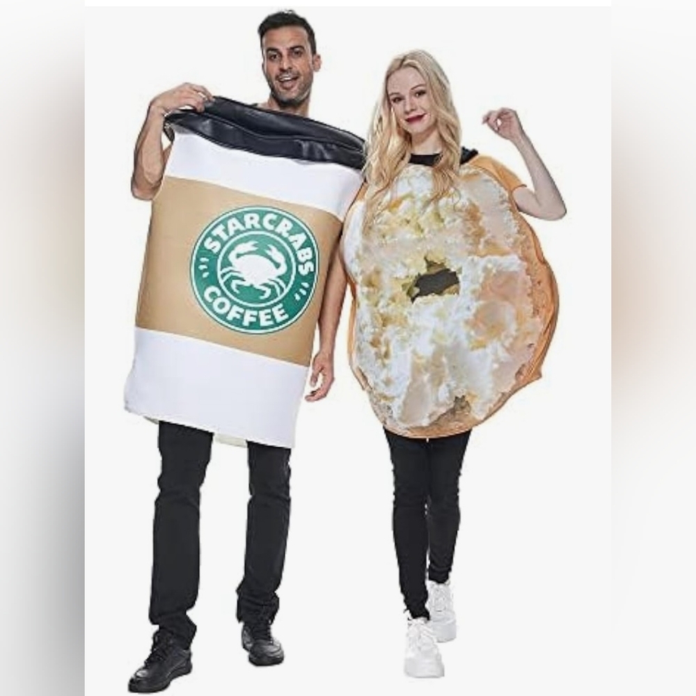 EraSpooky Unisex Adult Couples Bagel Coffee Costume 2 Pc Jumpsuit Halloween Cost